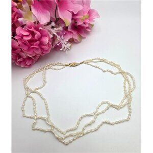 Vintage Freshwater Rice Pearl Necklace White 3 Strand 17 In Fishhook Clasp